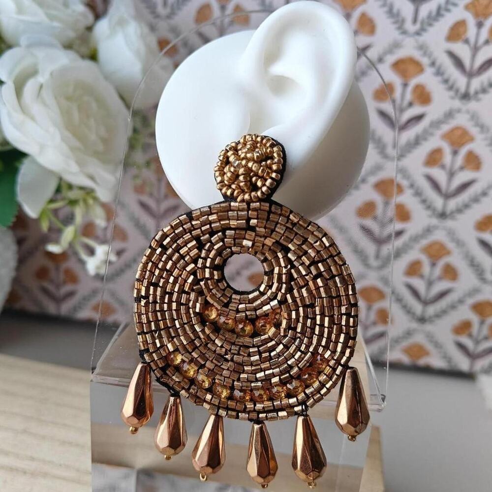 Bohemian oversized copper tone seed bead circle fringe earrings